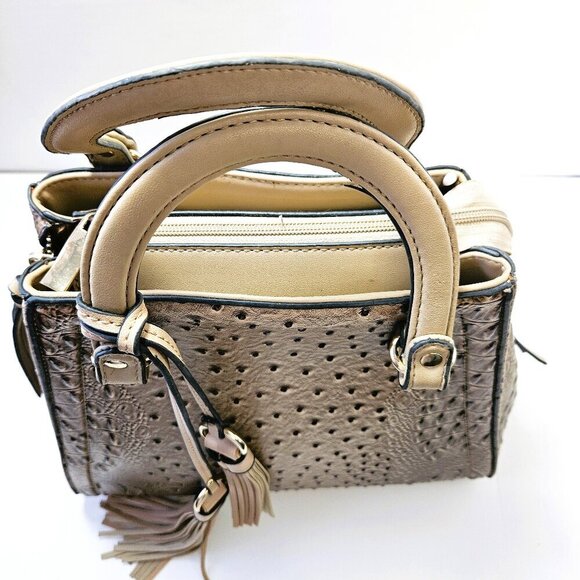 None Handbags - Ostrich Tan Faux Leather Double Handle Tote Bag